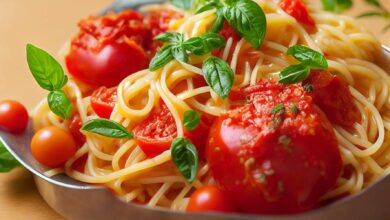 Disfruta la pasta de forma diferente, espaguetis con tomate en tres texturas 5