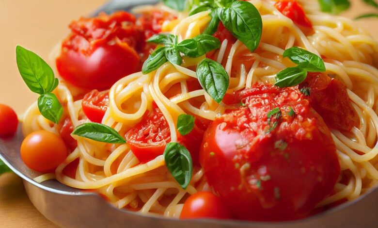 Disfruta la pasta de forma diferente, espaguetis con tomate en tres texturas 1