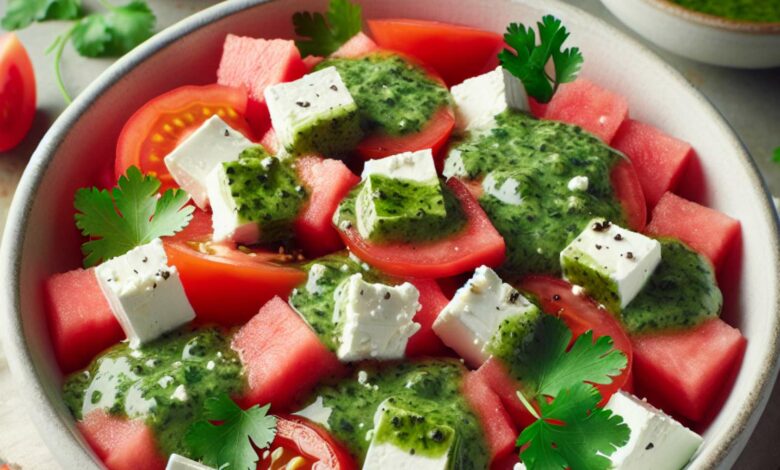 tomate, sandía, queso feta y salsa de cilantro 1