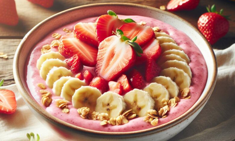 Smoothie bowl de fresas y plátano con granola para el calor del verano 1